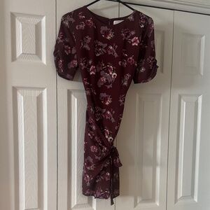Astr Burgundy Floral Midi Dress with Tie Detail